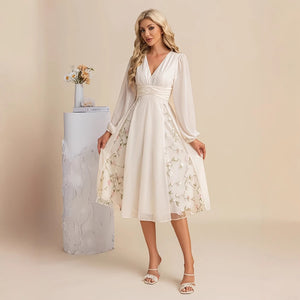 Floral Long-Sleeve V-Neck Pleated Dress For Women
