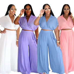 Solid-color Lapel Fashionable Loose-fitting Womens Set