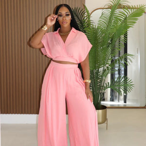 Solid-color Lapel Fashionable Loose-fitting Womens Set